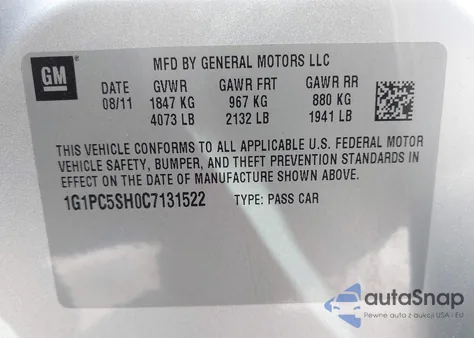2012 Chevrolet Cruze Ls from USA, damaged, VIN 1G1PC5SH0C7131522